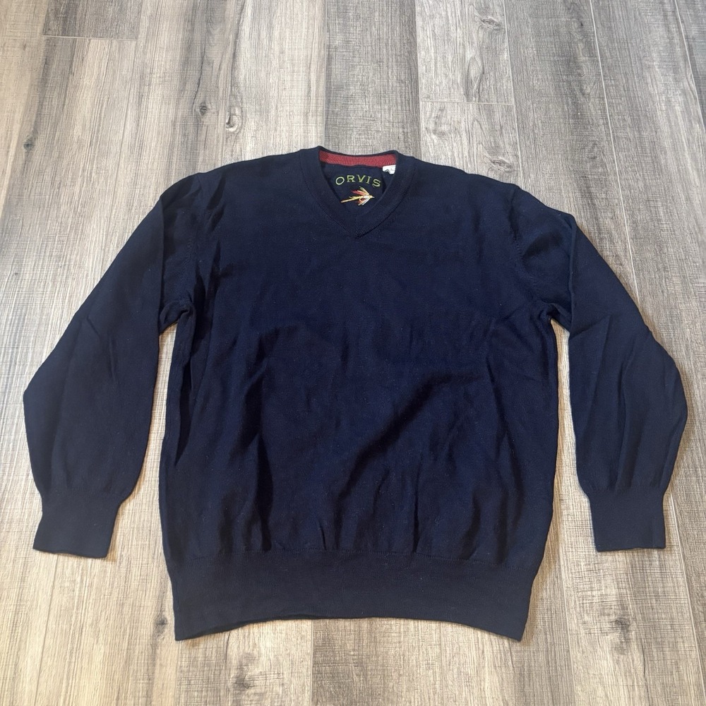 Orvis Sweater Mens Medium Navy Blue 100% Merino Wool Pullover V-Neck Long Sleeve
